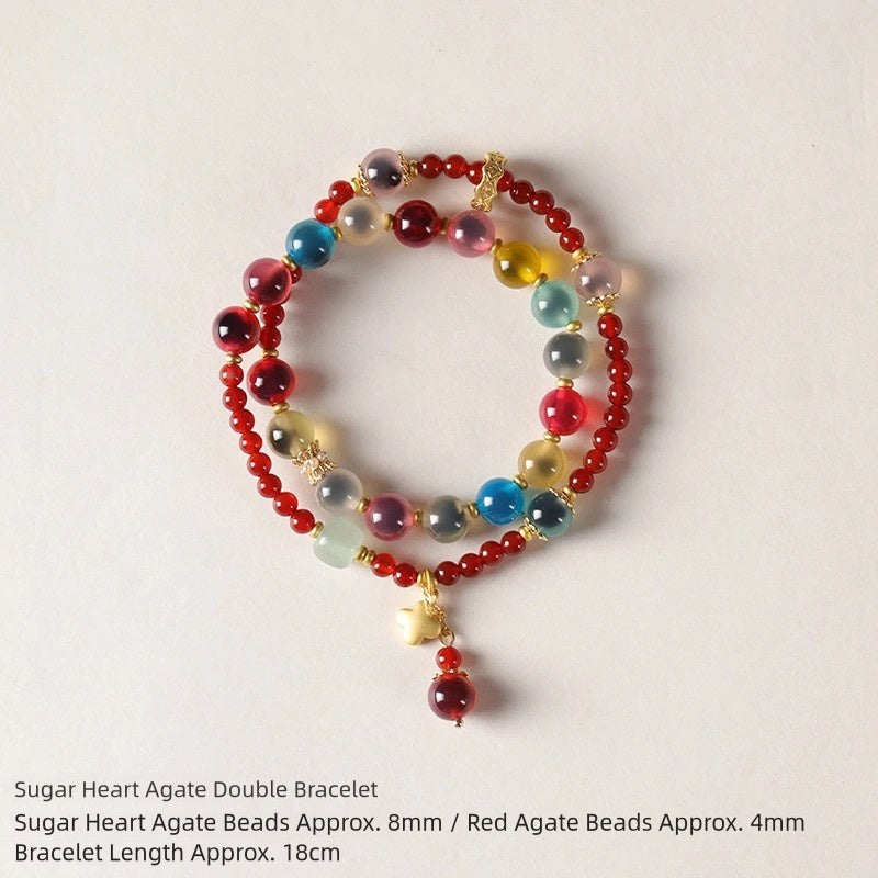 Handmade Multi-Color Sugar Heart Agate Double-Strand Bracelet