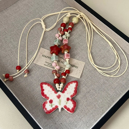 Handmade Ceramic Butterfly Pendant Necklaces: Adjustable Beaded A&N
