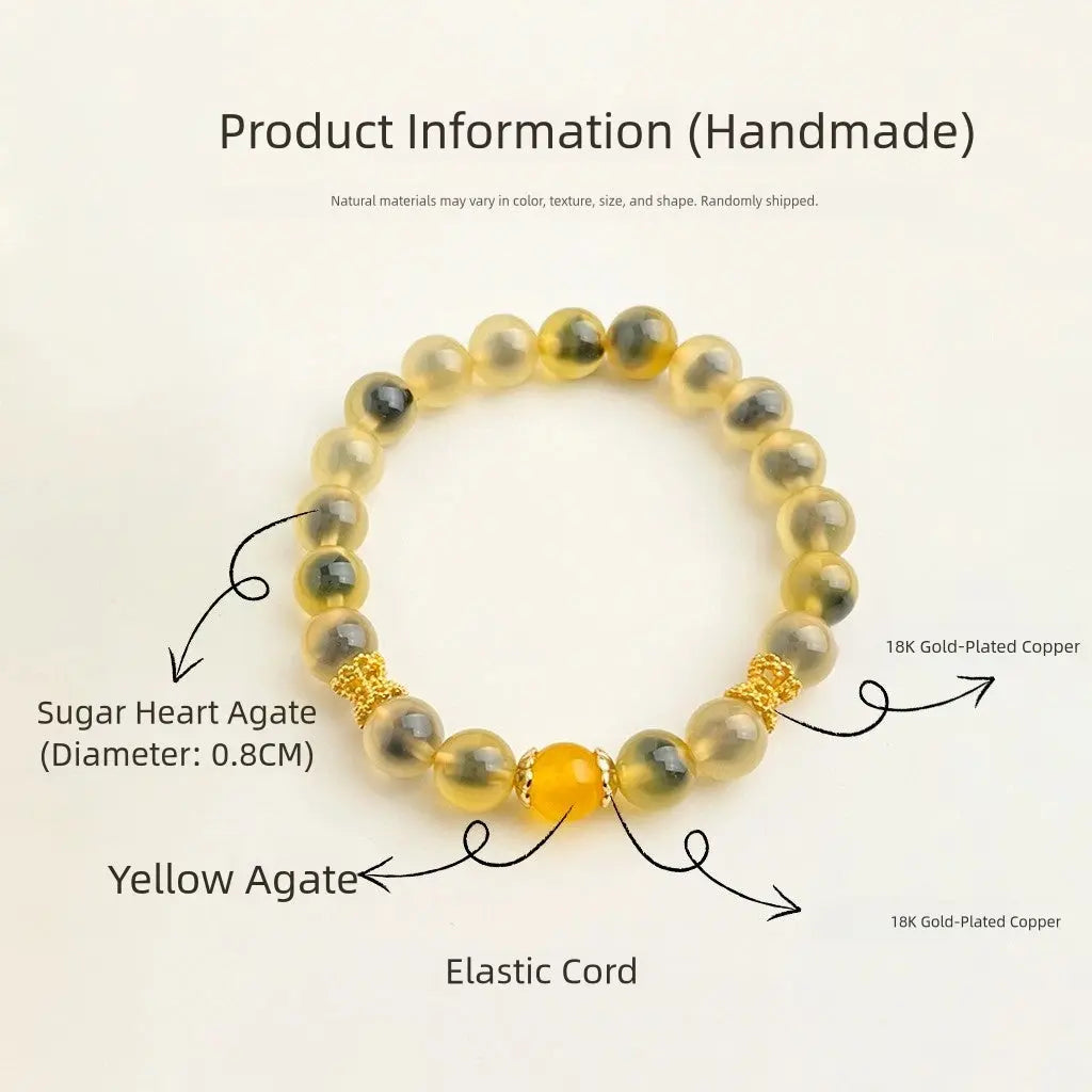 Handmade Yellow-Outer Dark-Grey-Core Sugar Heart Agate Bracelet A&N