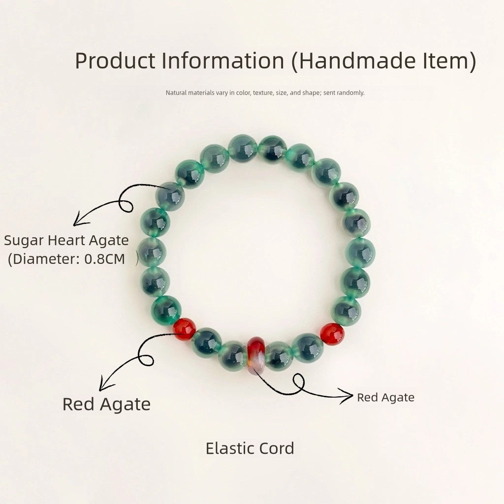 Handmade Green-Rind Dark-Core Sugar Heart Agate Bracelet
