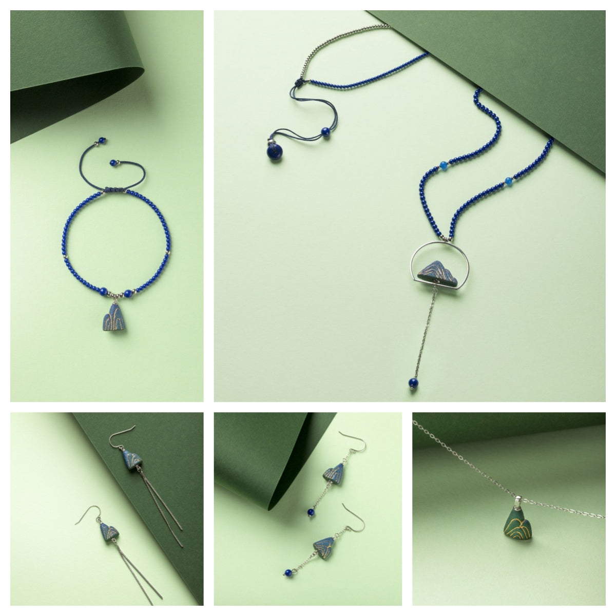 Artisanal Mountain-Themed Teal Ceramic Jewelry Set with Golden Patterns