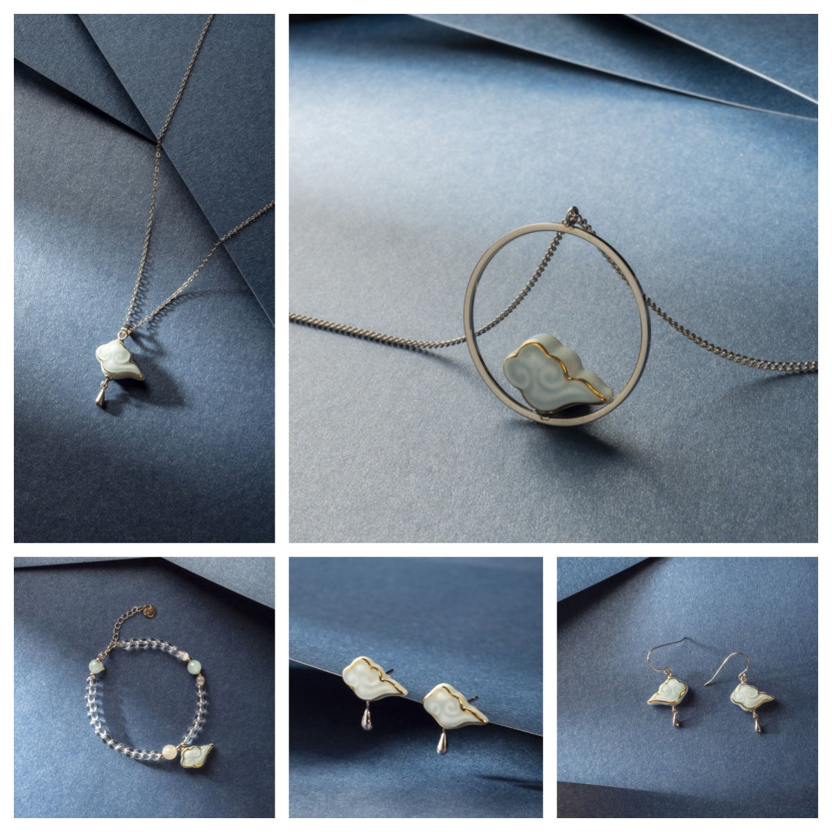 Artisanal Cloud-Themed Light Blue Ceramic Jewelry Set with Golden Patterns