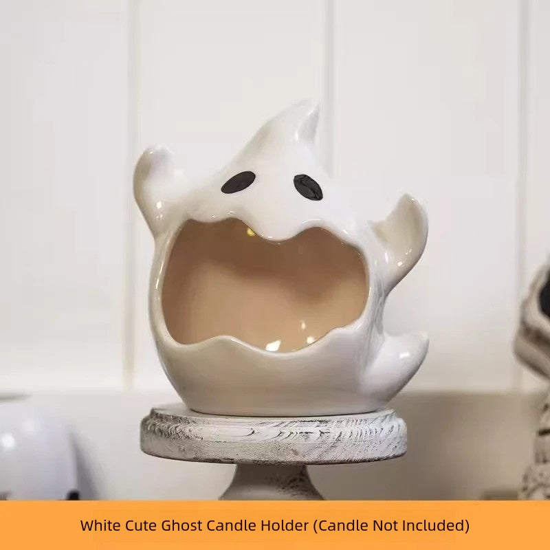 Cute Ghost Ceramic Candle Holder: Halloween Decor (Black/White)