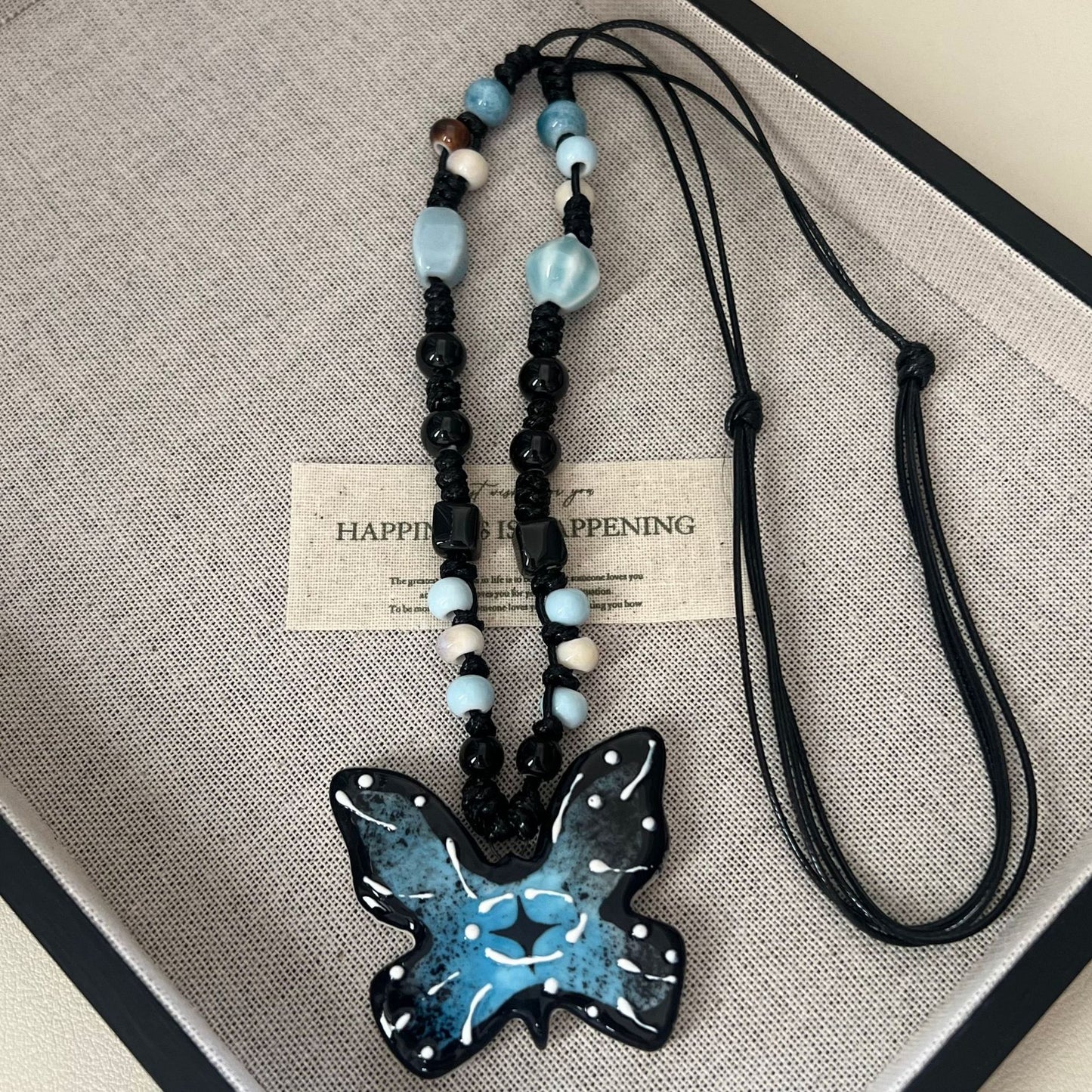 Handmade Ceramic Butterfly Pendant Necklaces: Adjustable Beaded