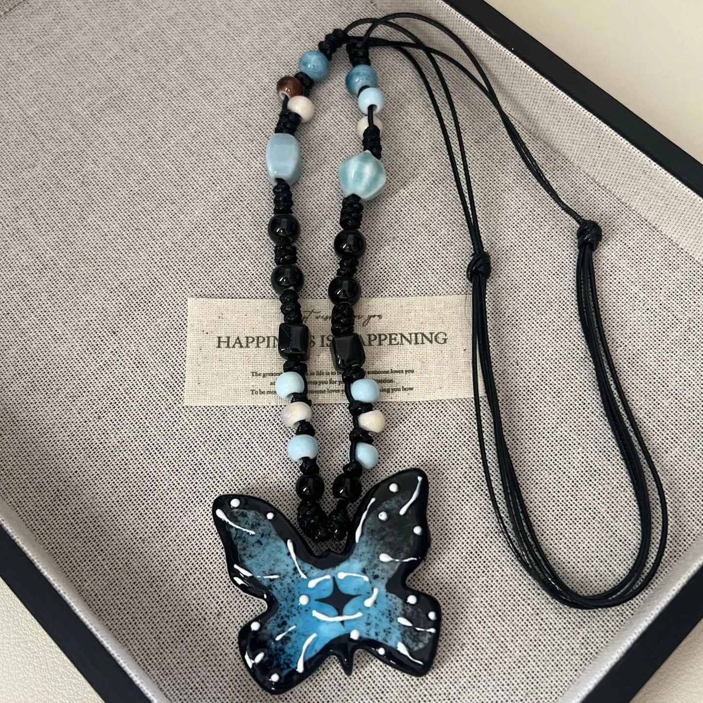 Handmade Ceramic Butterfly Pendant Necklaces: Adjustable Beaded A&N