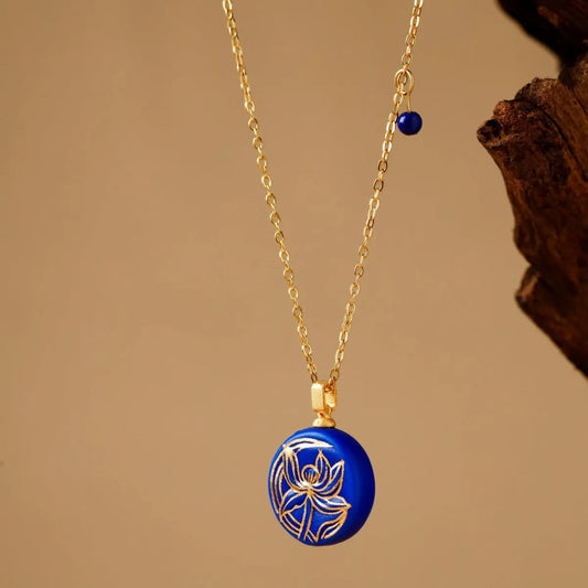 Handcrafted Blue Ceramic Orchid-Themed Jewelry Collection with Golden Floral Patterns A&N