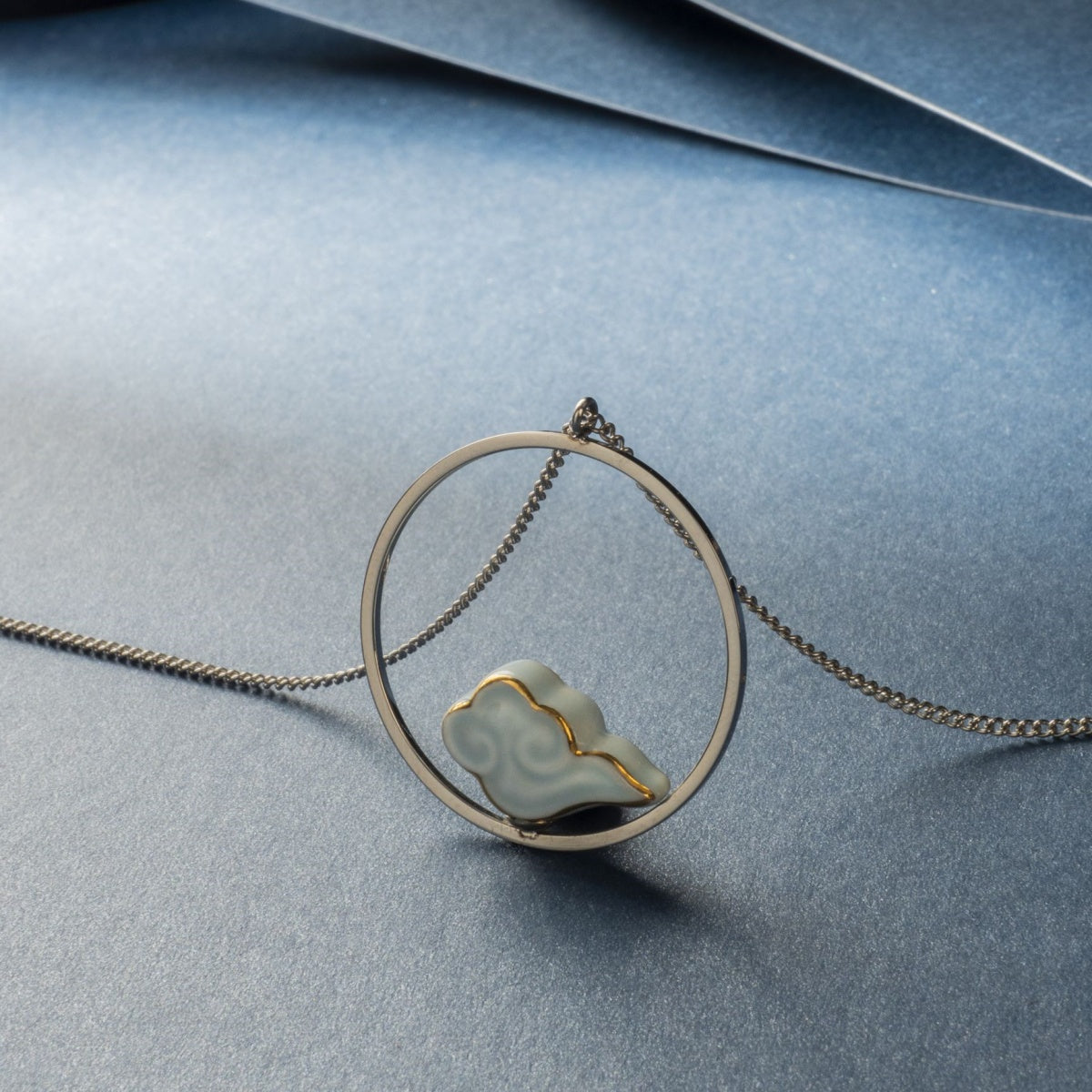 Artisanal Cloud-Themed Light Blue Ceramic Jewelry Set with Golden Patterns