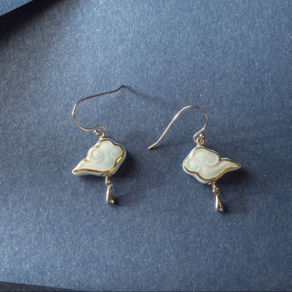 Artisanal Cloud-Themed Light Blue Ceramic Jewelry Set with Golden Patterns