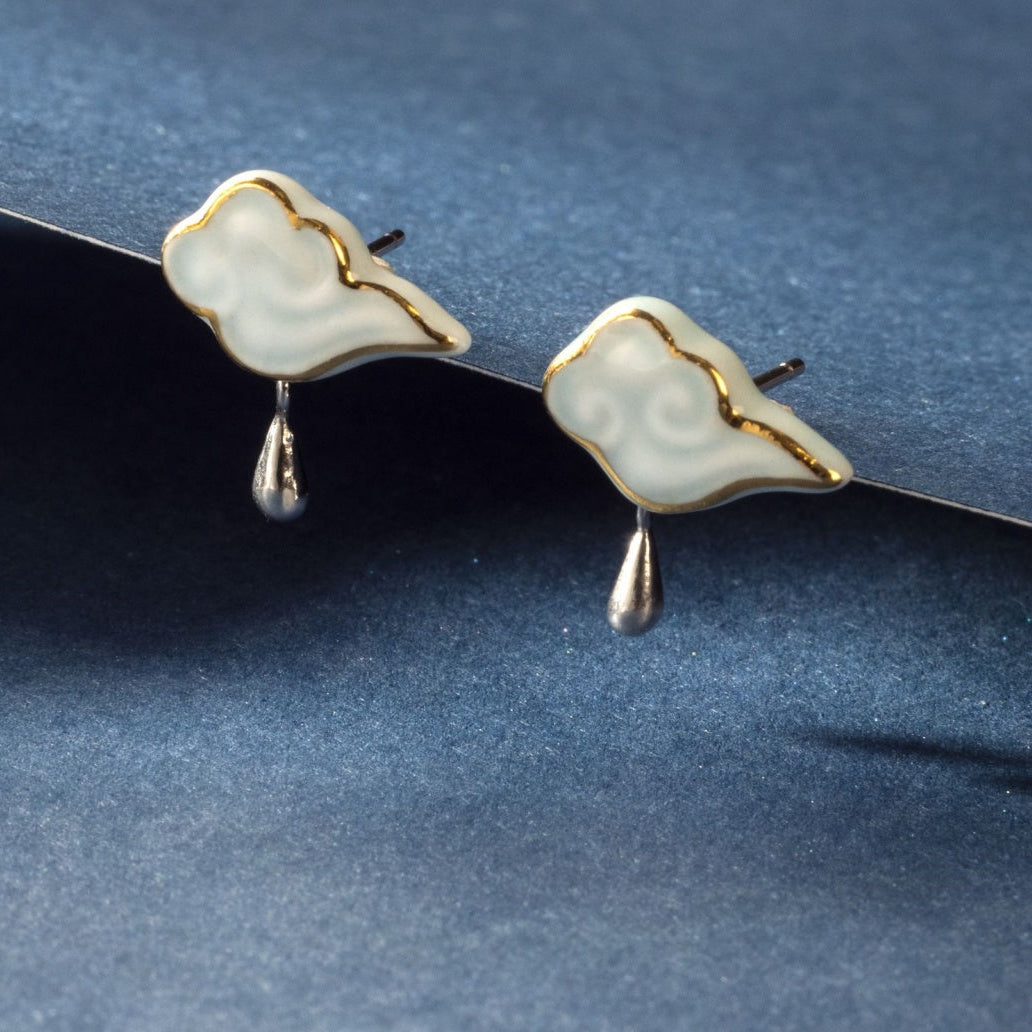 Artisanal Cloud-Themed Light Blue Ceramic Jewelry Set with Golden Patterns