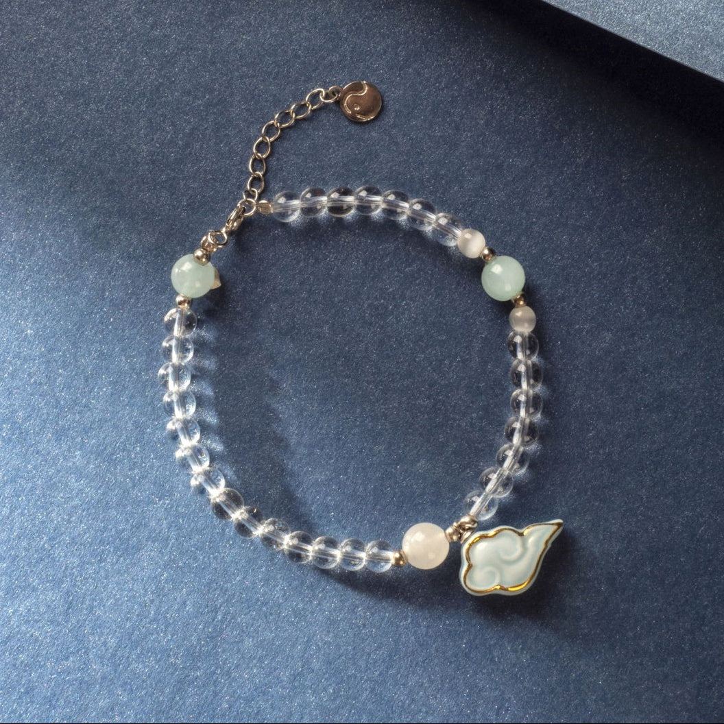 Artisanal Cloud-Themed Light Blue Ceramic Jewelry Set with Golden Patterns