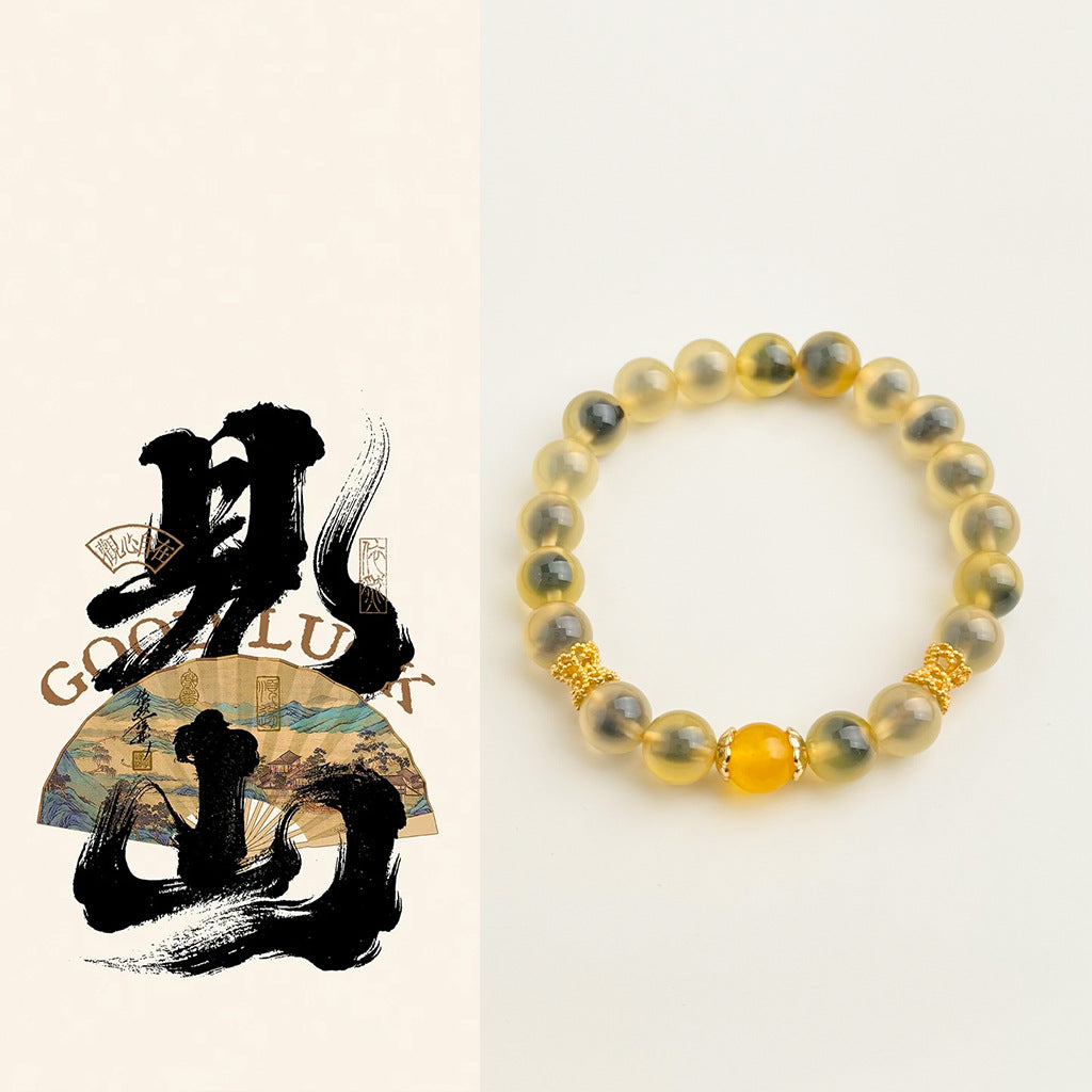 Handmade Yellow-Outer Dark-Grey-Core Sugar Heart Agate Bracelet