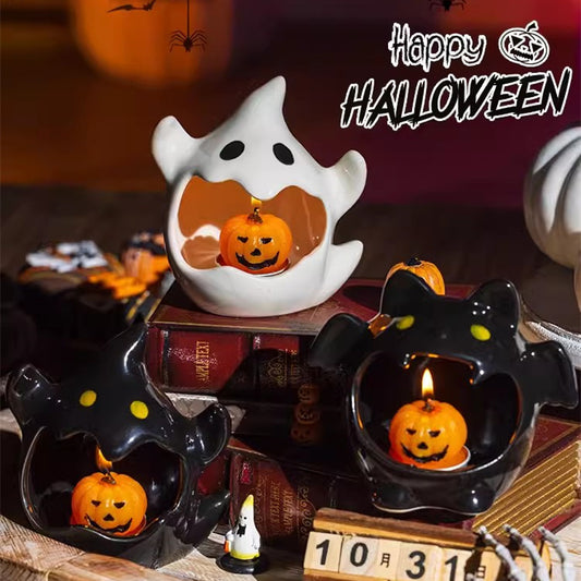 Cute Ghost Ceramic Candle Holder: Halloween Decor (Black/White)