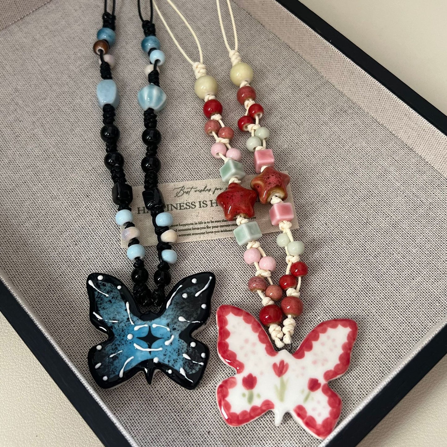 Handmade Ceramic Butterfly Pendant Necklaces: Adjustable Beaded
