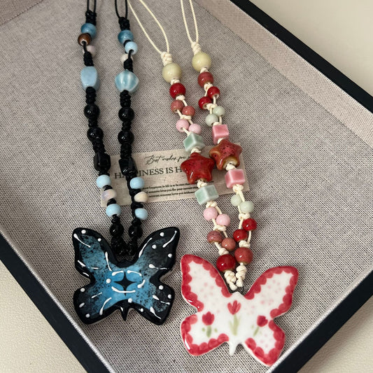 Handmade Ceramic Butterfly Pendant Necklaces: Adjustable Beaded