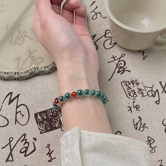 Handmade Green-Rind Dark-Core Sugar Heart Agate Bracelet