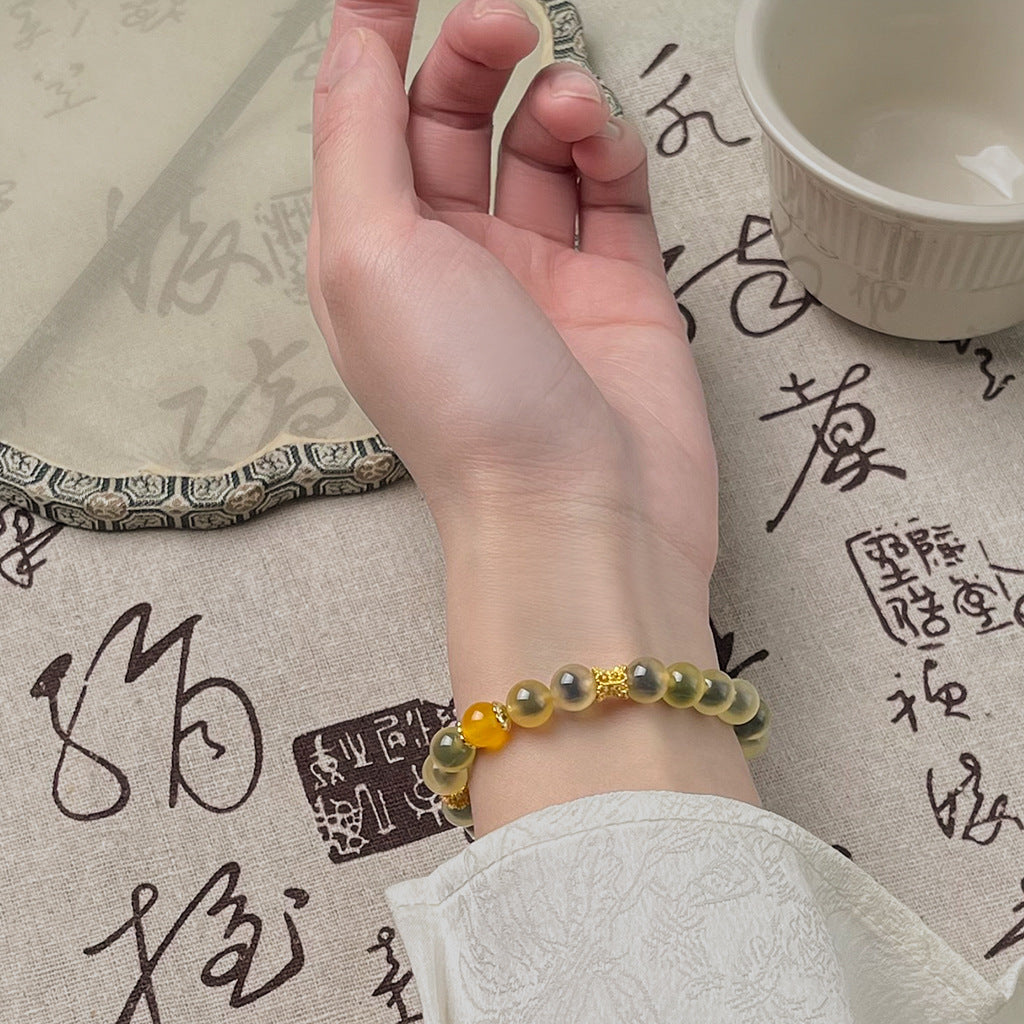 Handmade Yellow-Outer Dark-Grey-Core Sugar Heart Agate Bracelet
