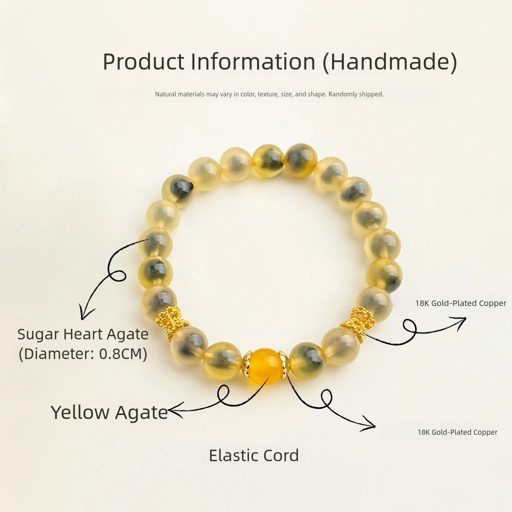 Handmade Yellow-Outer Dark-Grey-Core Sugar Heart Agate Bracelet