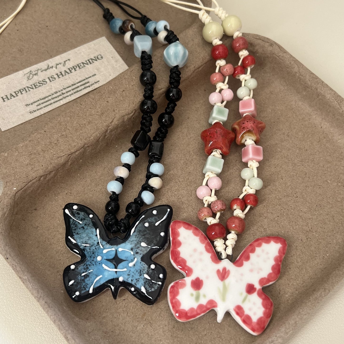 Handmade Ceramic Butterfly Pendant Necklaces: Adjustable Beaded