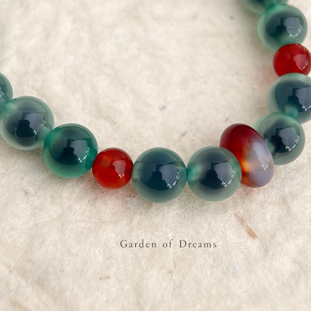 Handmade Green-Rind Dark-Core Sugar Heart Agate Bracelet