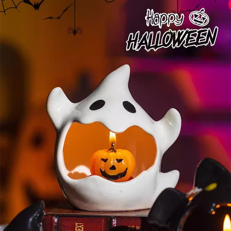 Cute Ghost Ceramic Candle Holder: Halloween Decor (Black/White)