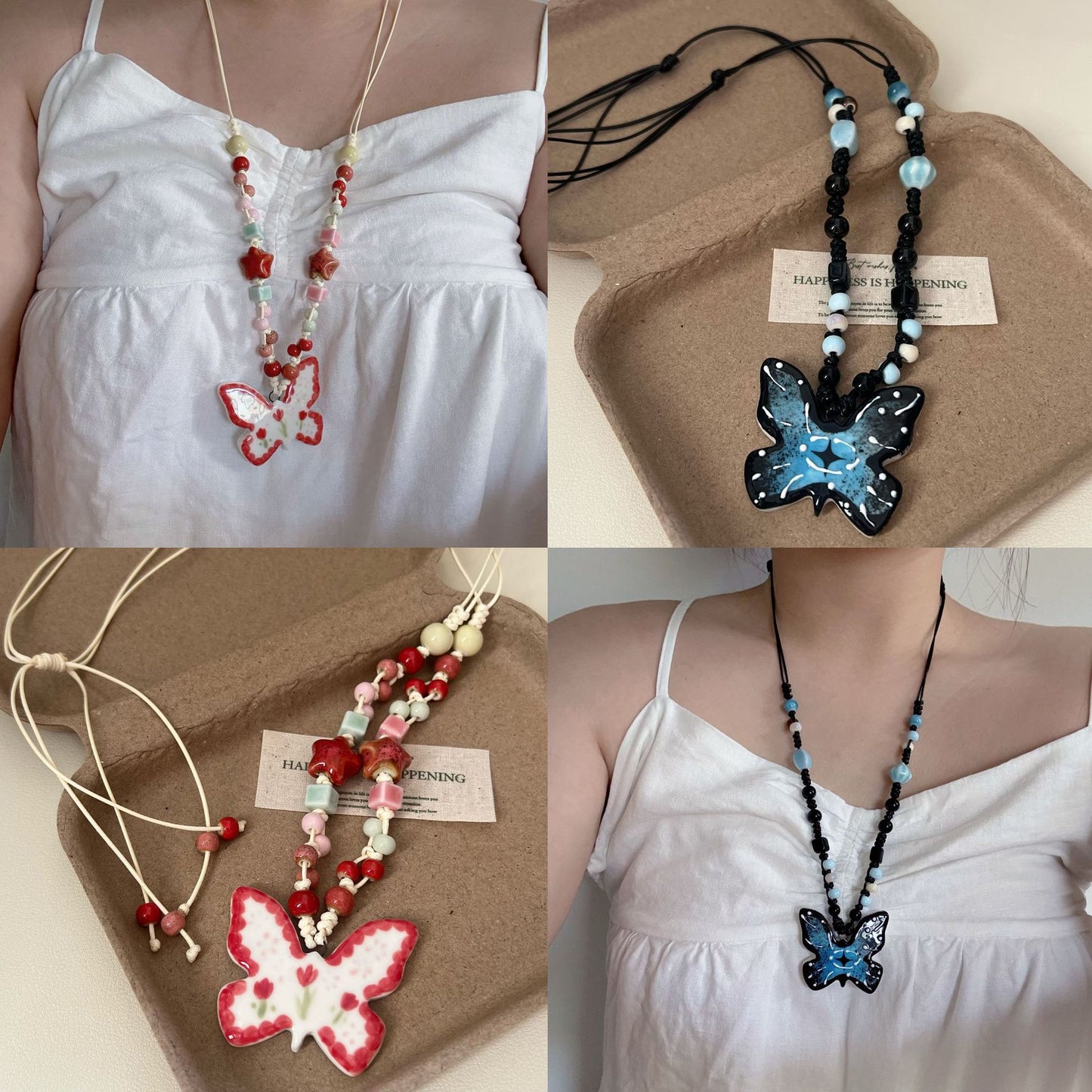Handmade Ceramic Butterfly Pendant Necklaces: Adjustable Beaded