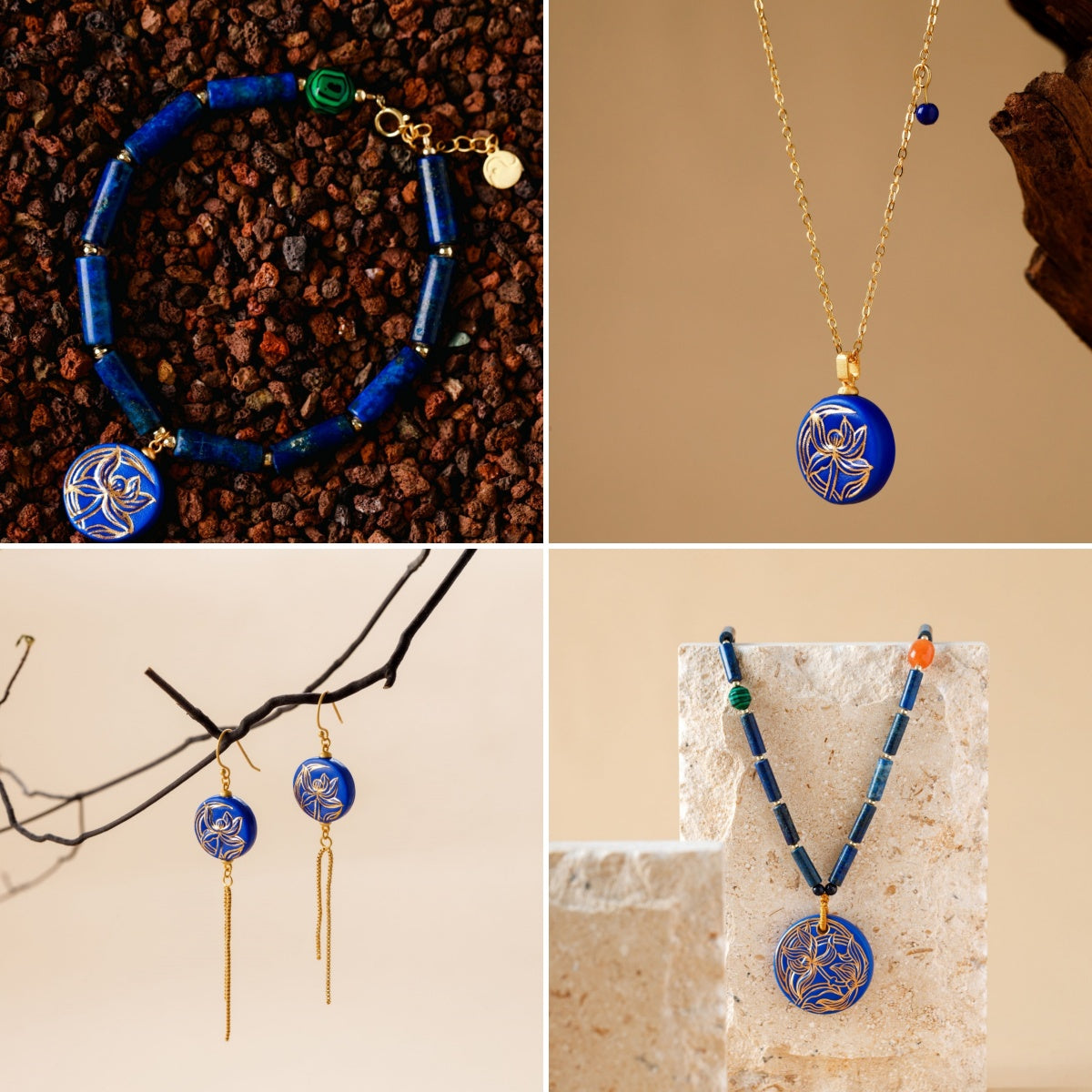 Handcrafted Blue Ceramic Orchid-Themed Jewelry Collection with Golden Floral Patterns
