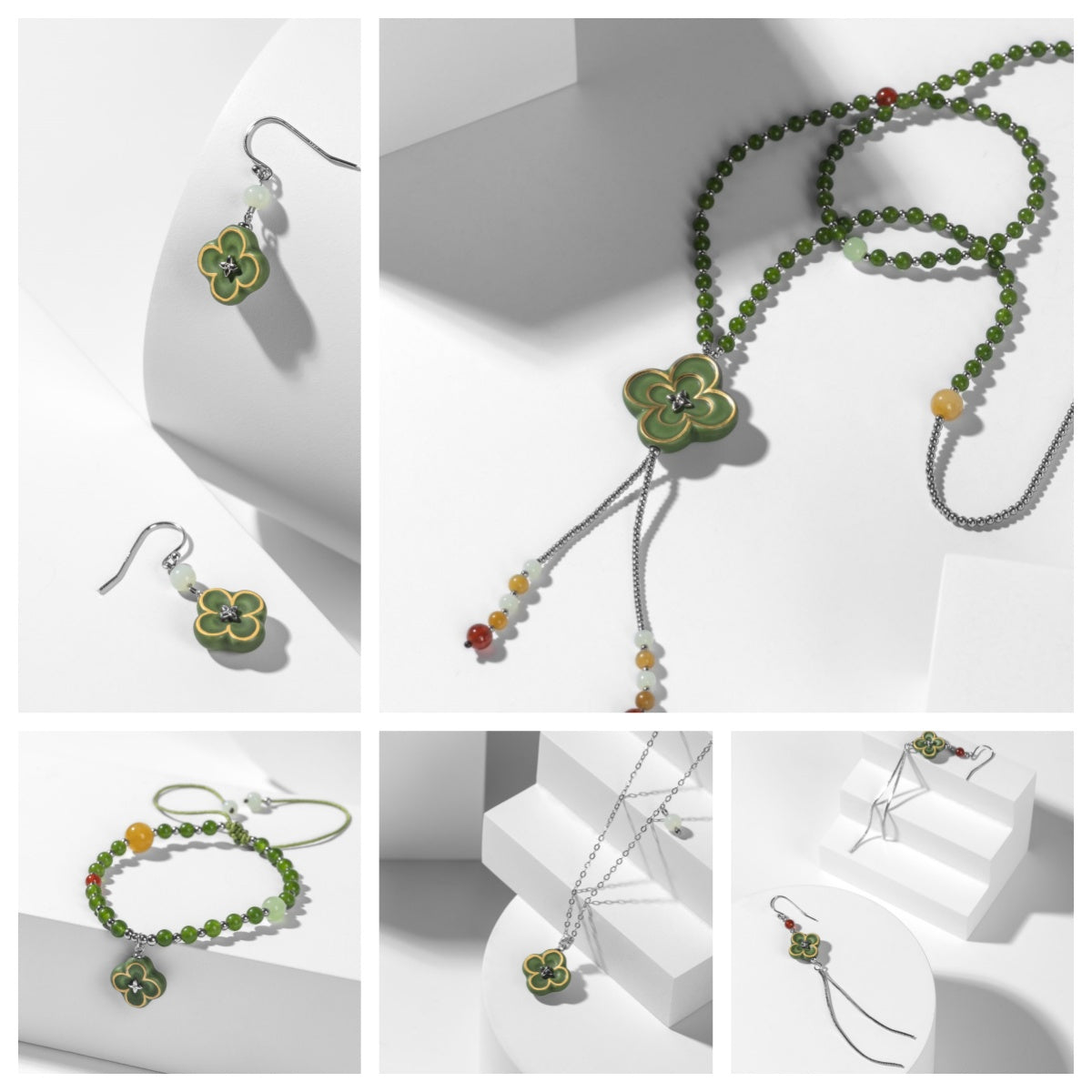 Artisanal Gold-Patterned Four-Leaf Clover Ceramic Jewelry Set