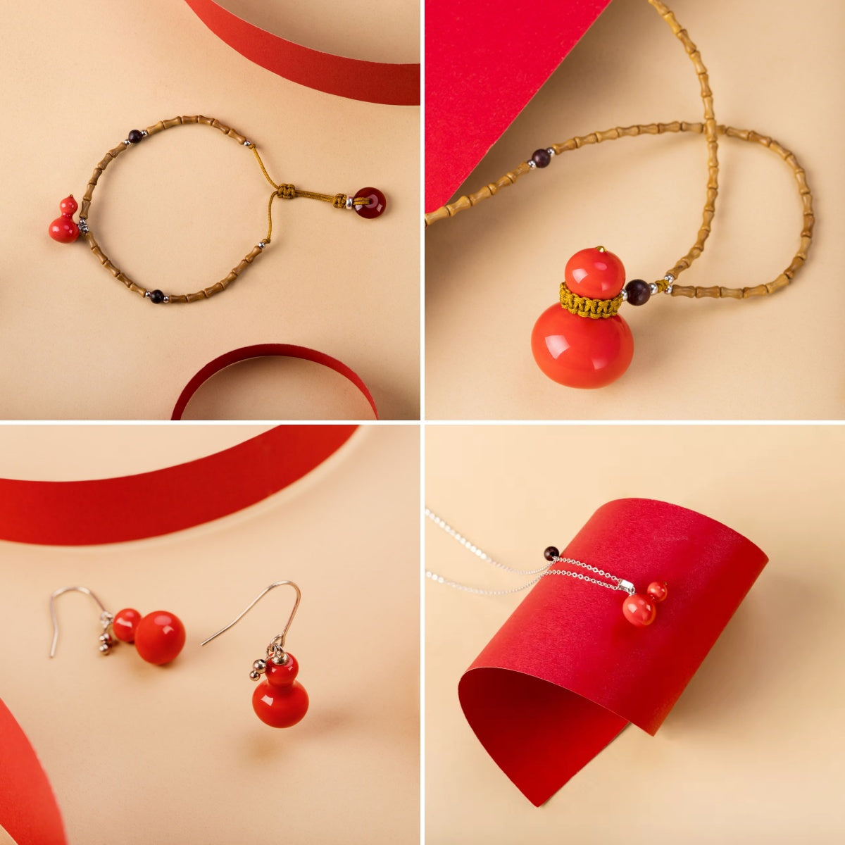 Artisan Red Ceramic Gourd Jewelry Set