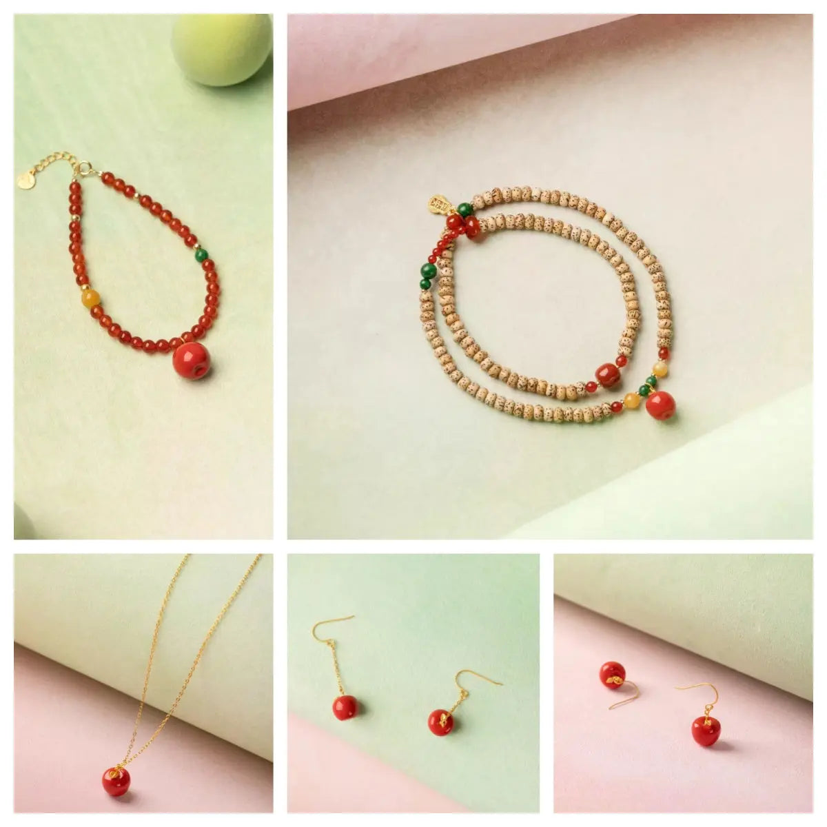 Handmade Apple-Themed Ceramic Jewelry Set A&N