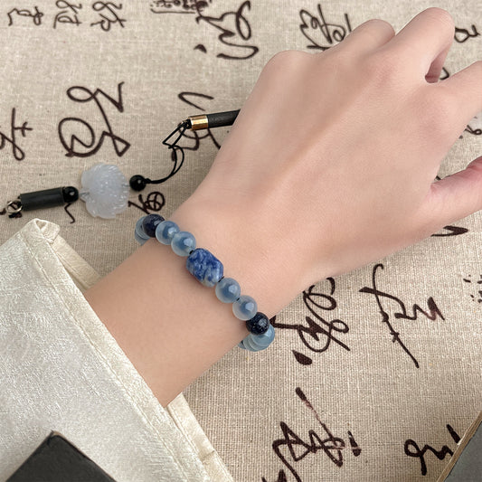 Handmade Green-Rind Blue-Core Sugar Heart Agate Bracelet