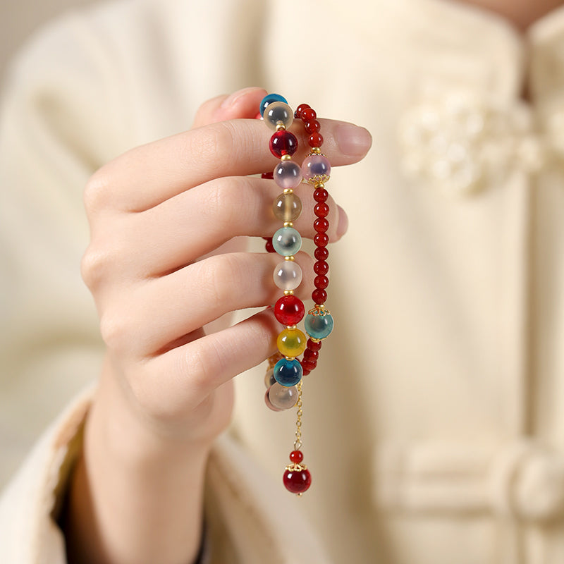 Handmade Multi-Color Sugar Heart Agate Double-Strand Bracelet