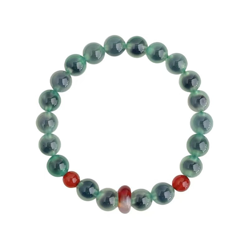 Handmade Green-Rind Dark-Core Sugar Heart Agate Bracelet