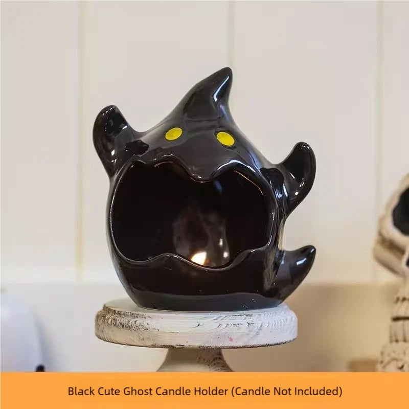 Cute Ghost Ceramic Candle Holder: Halloween Decor (Black/White)