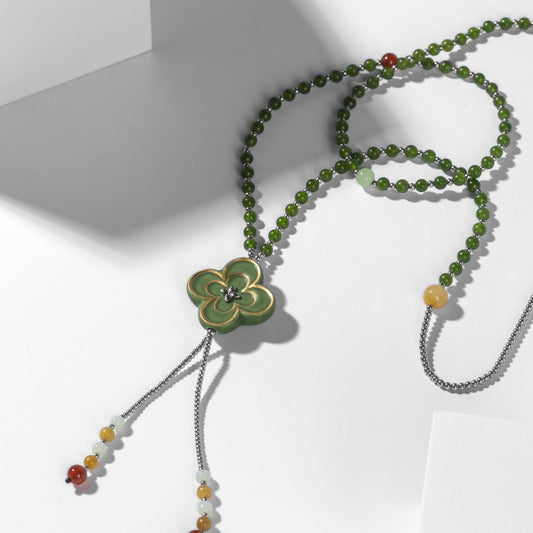 Artisanal Gold-Patterned Four-Leaf Clover Ceramic Jewelry Set