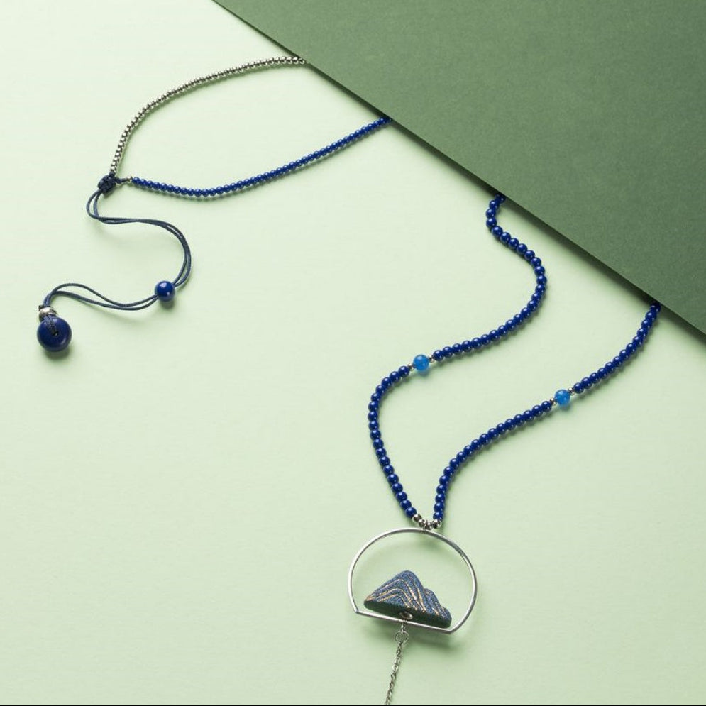 Artisanal Mountain-Themed Teal Ceramic Jewelry Set with Golden Patterns