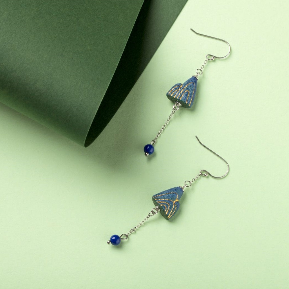 Artisanal Mountain-Themed Teal Ceramic Jewelry Set with Golden Patterns