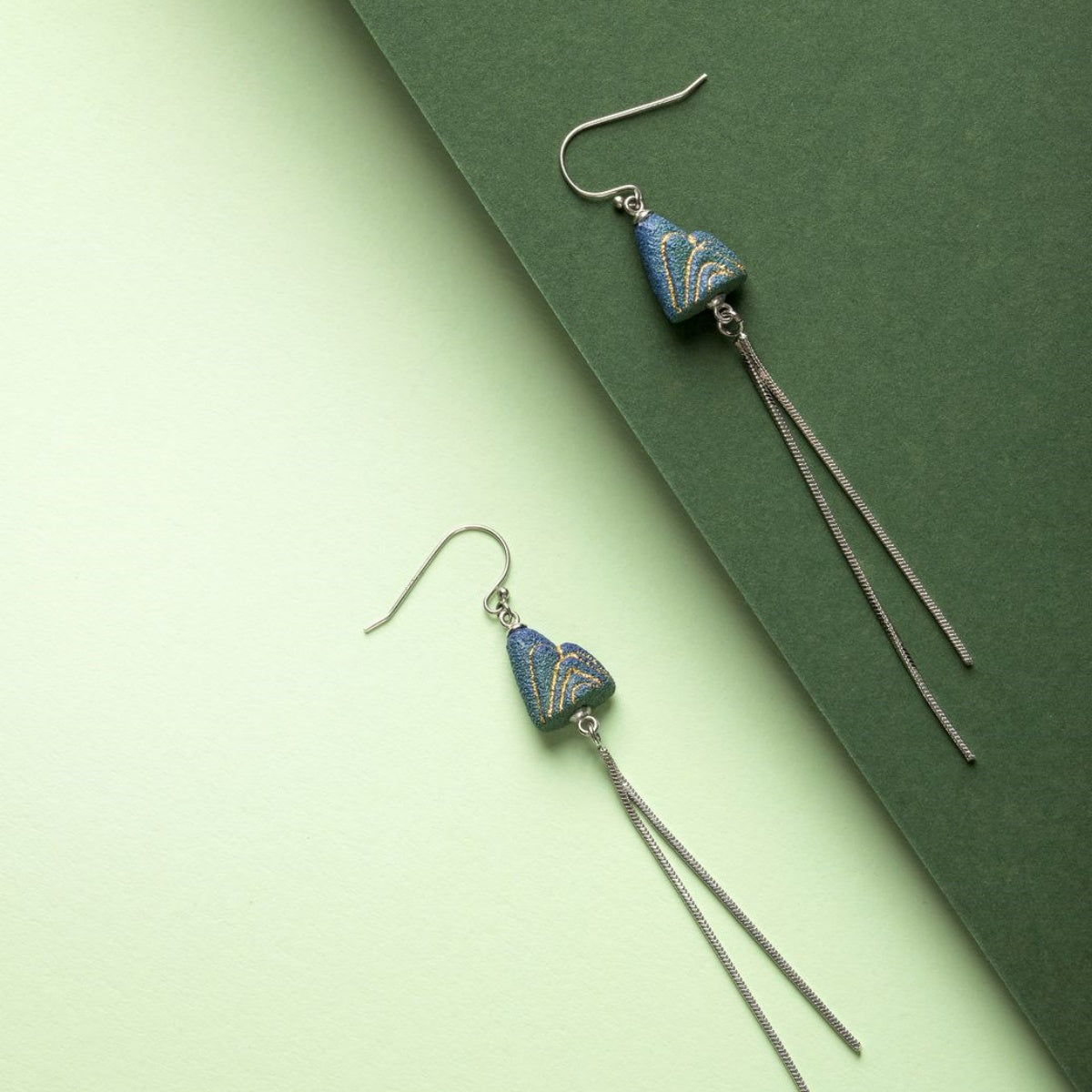 Artisanal Mountain-Themed Teal Ceramic Jewelry Set with Golden Patterns