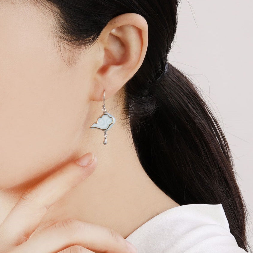 Artisanal Cloud-Themed Light Blue Ceramic Jewelry Set with Golden Patterns