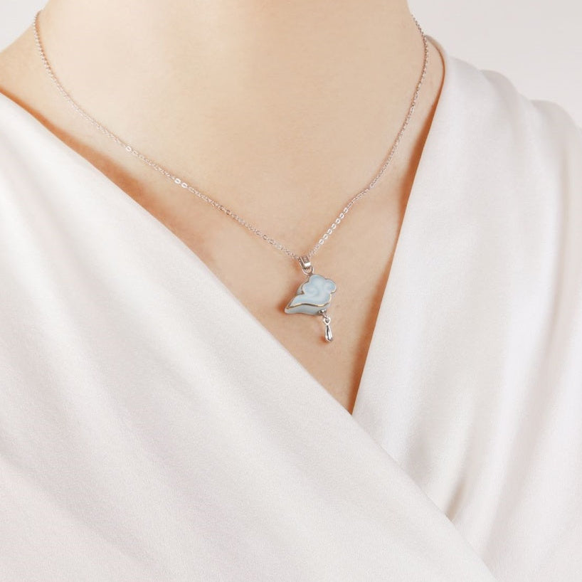 Artisanal Cloud-Themed Light Blue Ceramic Jewelry Set with Golden Patterns