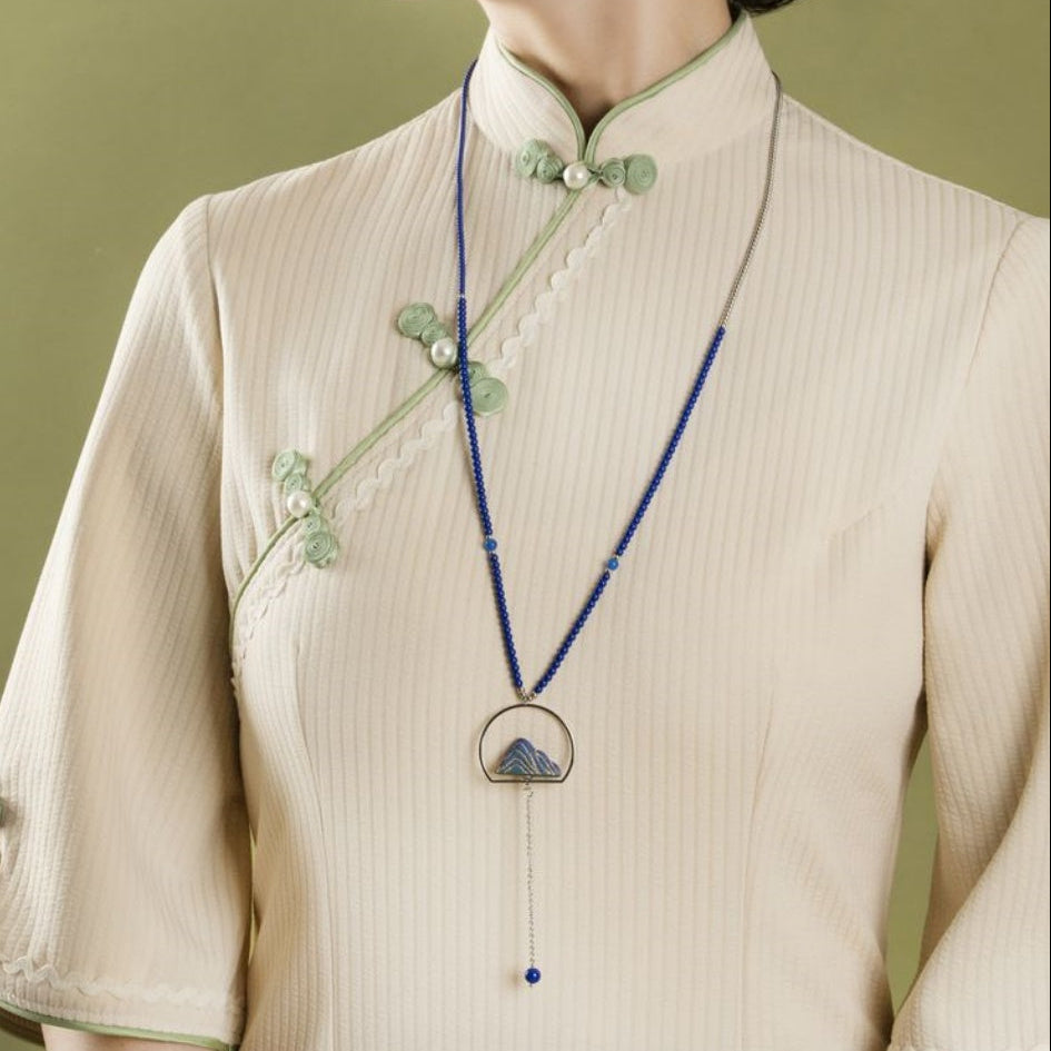 Artisanal Mountain-Themed Teal Ceramic Jewelry Set with Golden Patterns