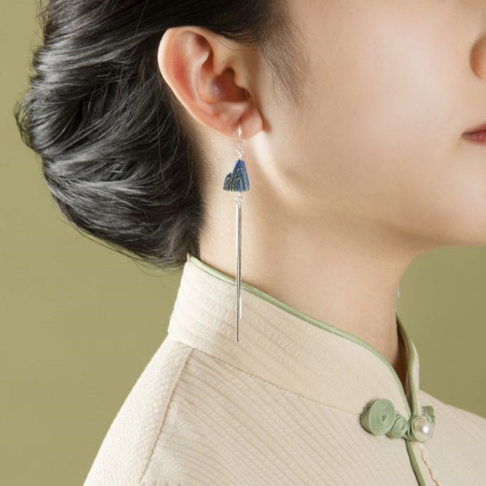 Artisanal Mountain-Themed Teal Ceramic Jewelry Set with Golden Patterns