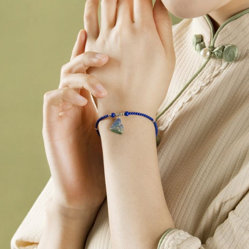 Artisanal Mountain-Themed Teal Ceramic Jewelry Set with Golden Patterns