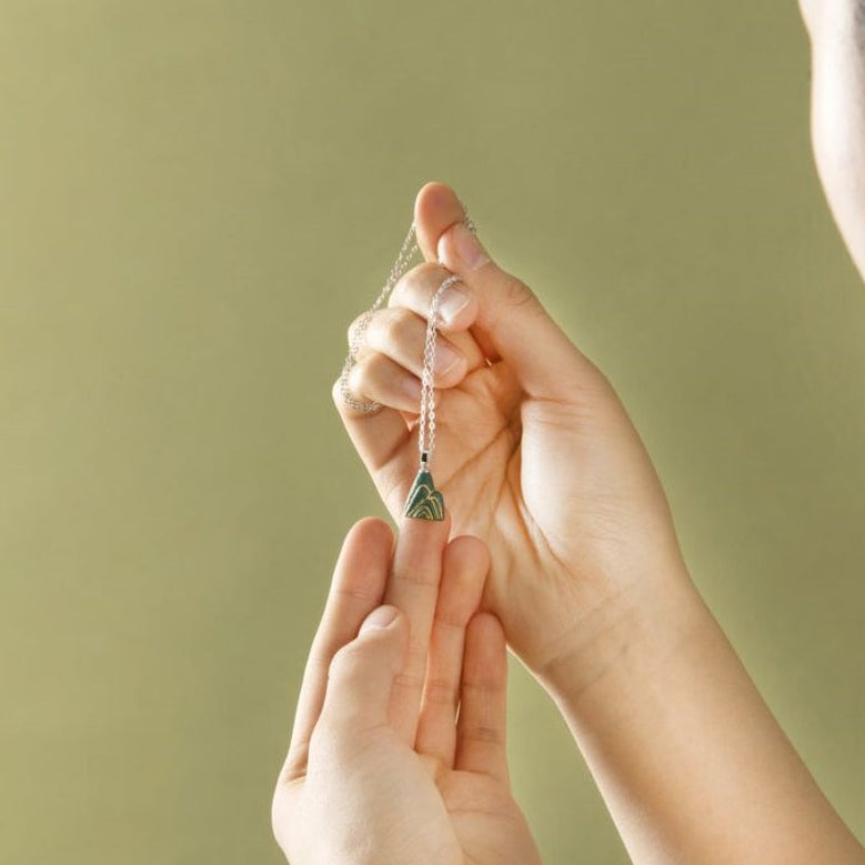 Artisanal Mountain-Themed Teal Ceramic Jewelry Set with Golden Patterns