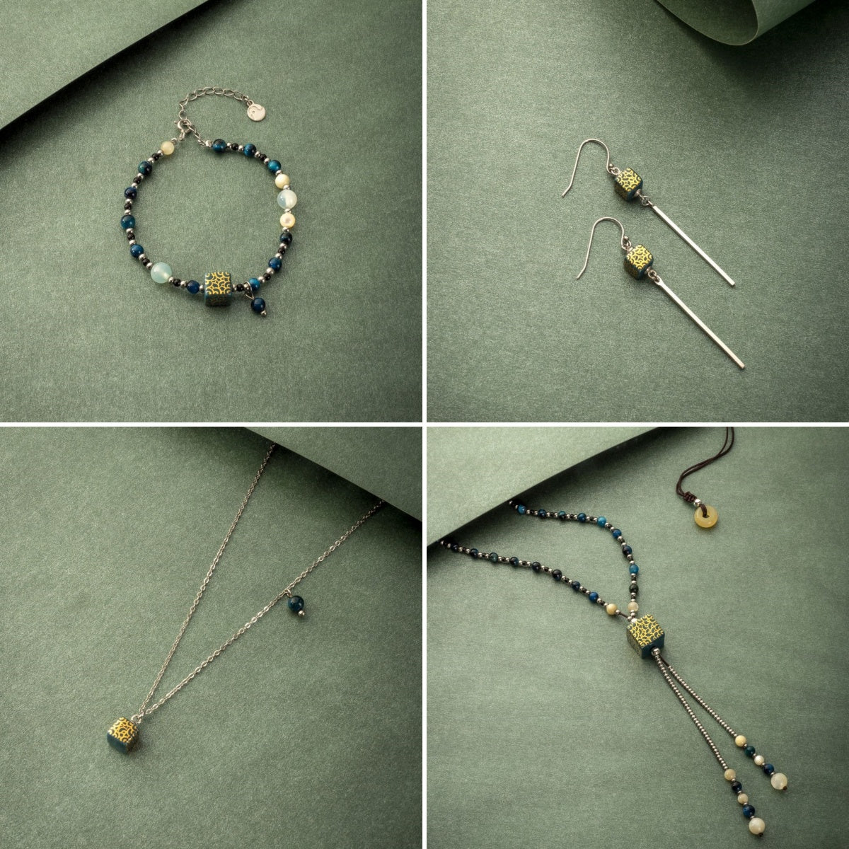 Handcrafted Gemstone Green Wave-Themed Ceramic Jewelry Set with Gold Floral Patterns