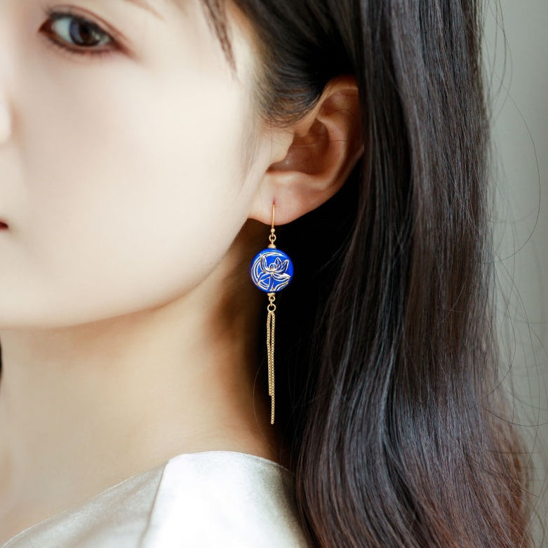 Handcrafted Blue Ceramic Orchid-Themed Jewelry Collection with Golden Floral Patterns