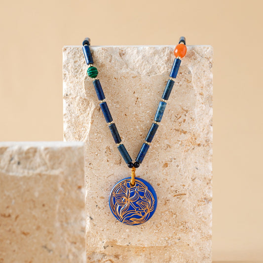 Handcrafted Blue Ceramic Orchid-Themed Jewelry Collection with Golden Floral Patterns