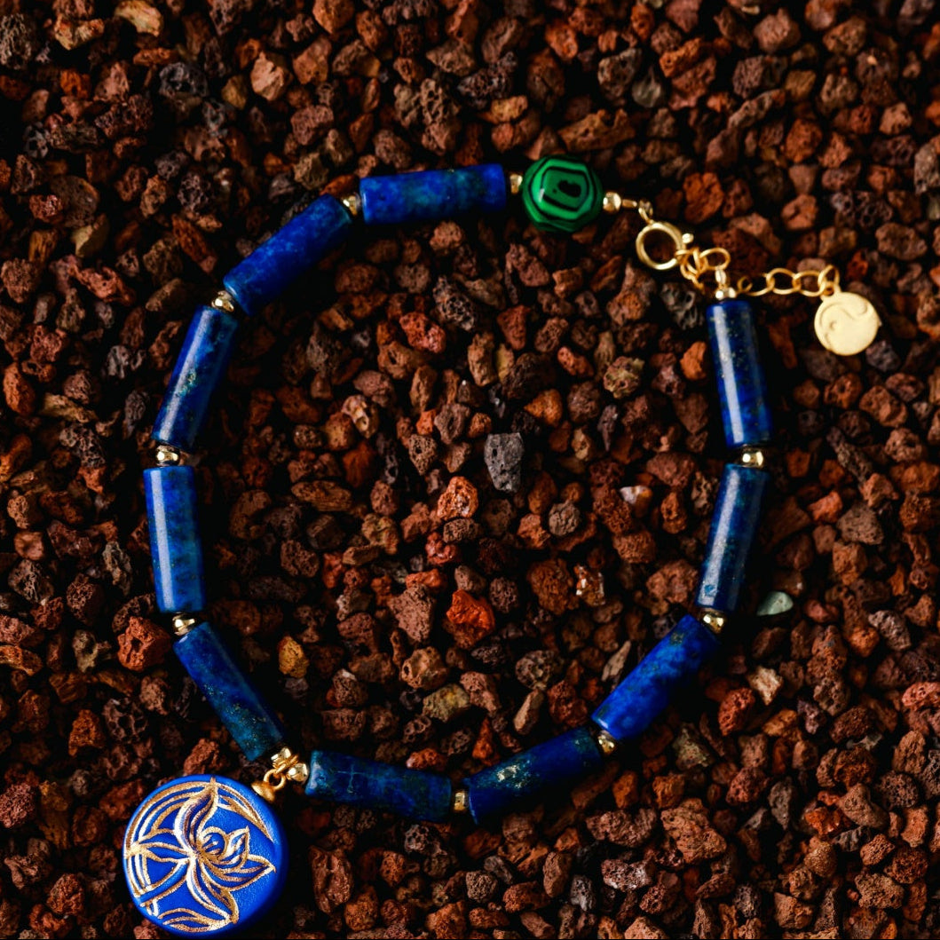 Handcrafted Blue Ceramic Orchid-Themed Jewelry Collection with Golden Floral Patterns